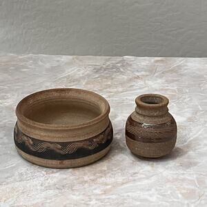 Handmade Studio Art Pottery Bowl Pot Planters Pair Of 2 Etched Design
